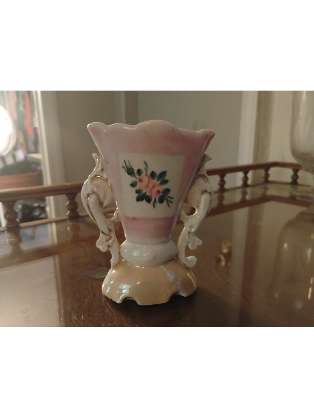 Vintage Pink and White Porcelain Hand-Painted Floral Footed Vase Ornate Scroll
